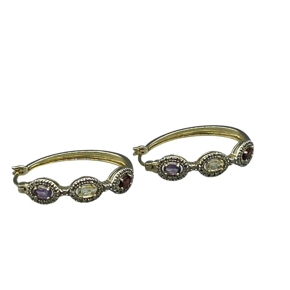 Gold Tone Multi Gemstone Hoop Earrings Amethyst Citrine Garnet Milgrain Halo 1"